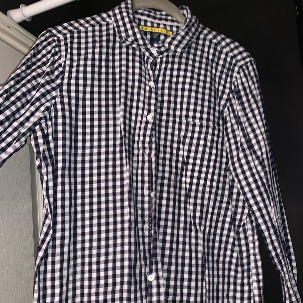 Navy blue and white flannel top